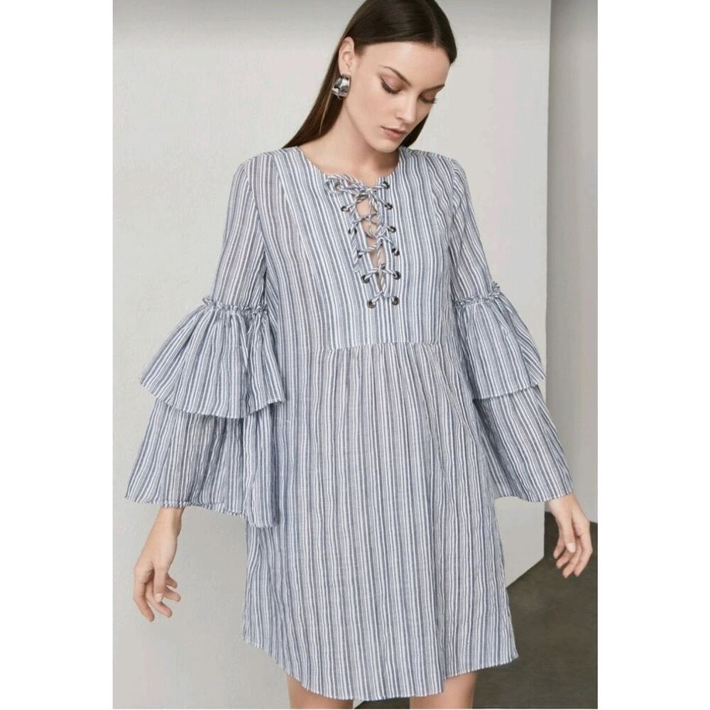 BCBGMAXAZRIA Charlyze Boho Women's L Whimsical Blue White Bell Sleeve Dress